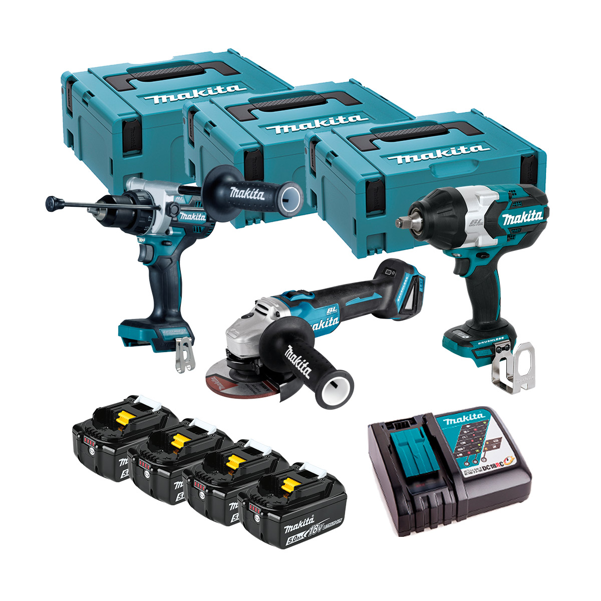 Kit herramientas Makita DHP486+DGA504+DTW1002, 4x baterías 5Ah - Imagen 2
